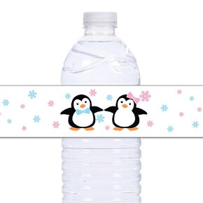 21 Penguin Waterproof Self Adhesive Water Bottle Labels for Twins or Gender Reveal - Pink and Blue