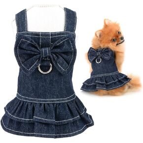 SMALLLEE_LUCKY_STORE Dog Denim Harness Dress,Bow Puppy Princess Dress for Small Medium Dog Cat Girls Adjustable Pet Jean Skirt with D-Ring Female Dog Clothes Summer Apparel Dark Blue