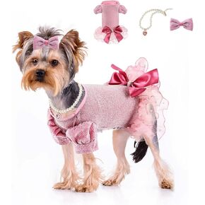 Dog Christmas Set Dress Girls Dog Holiday Dress with Bow Hair Clip and Pearl Necklace for Middle and Little Girls Dog Wedding Birthday Party (Pink, M)