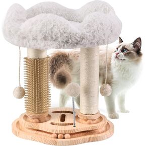 Cat Scratching Post with Bed,Small Cat Tree for Kittens and Small Cats,Cat Self Groomer with 3-Tier Wood Base,Removable Bed,Groomer Brush,Natural Sisal,2*Dangling Balls,Interactive Ball Toys