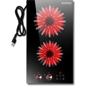 Karinear 110V Electric Cooktop 2 Burners, 12 Inch Electric Stove with Plug in, Countertop & Built-in Ceramic Stove Top, Knob and Sensor Touch Control, Multifunctional Radiant Stove