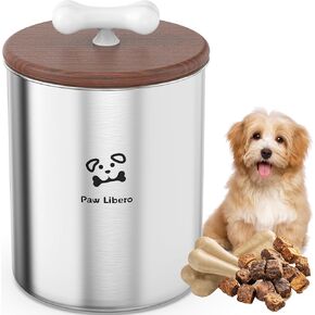 88oz Stainless Steel Dog Treat Container Airtight with Wooden Lid to Keep Fresh, Metal Dog Food Storage Container with Ceramic Bone Handle, Easy Clean Dog Treat Jar, Cat Treat Container Canister