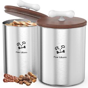 56oz+88oz 2PK Stainless Steel Dog Treat Container Airtight with Wooden Lid to Keep Fresh, Metal Dog Food Storage Container with Ceramic Bone Handle, Easy Clean Dog Treat Jar, Cat Treat Container