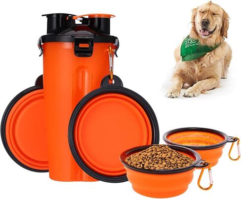 Dog Travel Water Bottle Bowls 2 in 1 Portable Dog Travel Water Dispenser with 2 Collapsible Silicone Bowls，Outdoor Dog Water Bowls for Walking Hiking Travelling (Orange) in Kuwait
