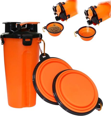 Dog Travel Water Bottle Bowls 2 in 1 Portable Dog Travel Water Dispenser with 2 Collapsible Silicone Bowls，Outdoor Dog Water Bowls for Walking Hiking Travelling (Orange) in Kuwait