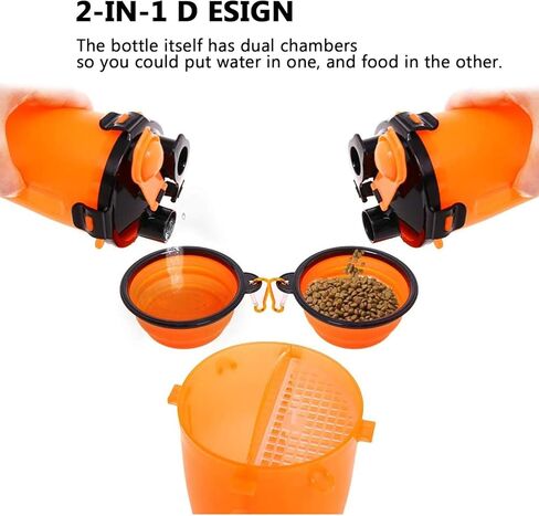 Dog Travel Water Bottle Bowls 2 in 1 Portable Dog Travel Water Dispenser with 2 Collapsible Silicone Bowls，Outdoor Dog Water Bowls for Walking Hiking Travelling (Orange) in Kuwait