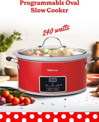 بيتي كروكر طباخ رقمي بطيء بيضاوي سعة 6 لتر، وعاء فخار قابل للبرمجة لمدة تصل إلى 20 ساعة، وعاء طهي كهربائي مع شاشة LCD رقمية، بطانة فخارية حجرية قابلة للإزالة، كتاب طبخ بيتي كروكر، أحمر in Kuwait