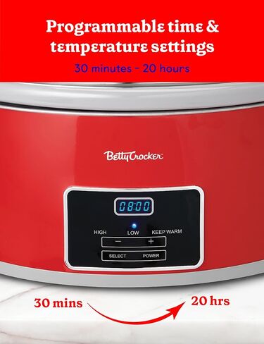 بيتي كروكر طباخ رقمي بطيء بيضاوي سعة 6 لتر، وعاء فخار قابل للبرمجة لمدة تصل إلى 20 ساعة، وعاء طهي كهربائي مع شاشة LCD رقمية، بطانة فخارية حجرية قابلة للإزالة، كتاب طبخ بيتي كروكر، أحمر in Kuwait