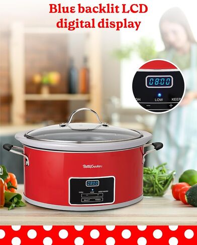 بيتي كروكر طباخ رقمي بطيء بيضاوي سعة 6 لتر، وعاء فخار قابل للبرمجة لمدة تصل إلى 20 ساعة، وعاء طهي كهربائي مع شاشة LCD رقمية، بطانة فخارية حجرية قابلة للإزالة، كتاب طبخ بيتي كروكر، أحمر in Kuwait