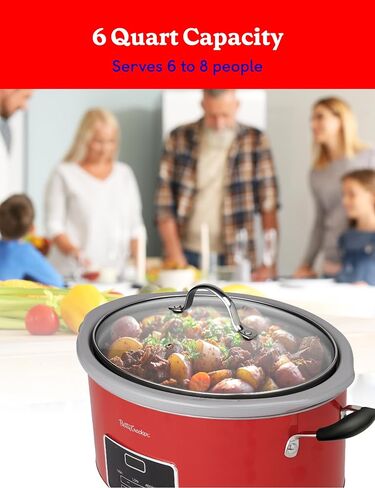 بيتي كروكر طباخ رقمي بطيء بيضاوي سعة 6 لتر، وعاء فخار قابل للبرمجة لمدة تصل إلى 20 ساعة، وعاء طهي كهربائي مع شاشة LCD رقمية، بطانة فخارية حجرية قابلة للإزالة، كتاب طبخ بيتي كروكر، أحمر in Kuwait