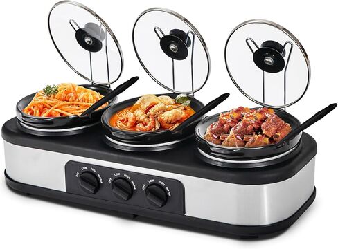 Triple Slow Cooker Buffet Server Food Warmer with 3 Adjustable Temperature Modes, Slow Cooker with 1.5 QT Ceramic Pot, Removeable Glass Lid and 3 PVC Spoons, Dishwasher Safe, Stainless Steel in Kuwait