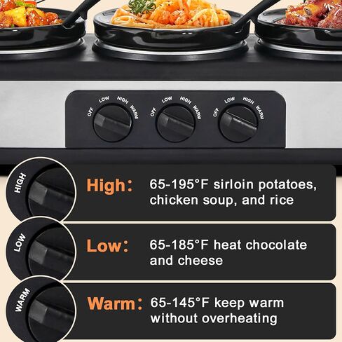 Triple Slow Cooker Buffet Server Food Warmer with 3 Adjustable Temperature Modes, Slow Cooker with 1.5 QT Ceramic Pot, Removeable Glass Lid and 3 PVC Spoons, Dishwasher Safe, Stainless Steel in Kuwait