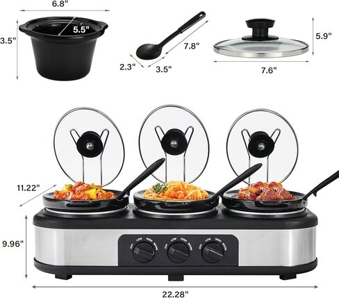 Triple Slow Cooker Buffet Server Food Warmer with 3 Adjustable Temperature Modes, Slow Cooker with 1.5 QT Ceramic Pot, Removeable Glass Lid and 3 PVC Spoons, Dishwasher Safe, Stainless Steel in Kuwait