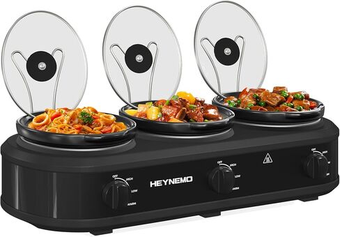 Triple Slow Cooker Buffet Server Food Warmer with 3 Adjustable Temperature Modes, Slow Cooker with 1.5 QT Ceramic Pot, Removeable Glass Lid and 3 PVC Spoons, Dishwasher Safe, Stainless Steel in Kuwait