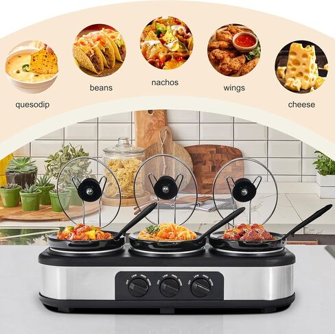 Triple Slow Cooker Buffet Server Food Warmer with 3 Adjustable Temperature Modes, Slow Cooker with 1.5 QT Ceramic Pot, Removeable Glass Lid and 3 PVC Spoons, Dishwasher Safe, Stainless Steel in Kuwait