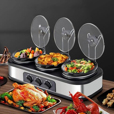 Triple Slow Cooker Buffet Server Food Warmer with 3 Adjustable Temperature Modes, Slow Cooker with 1.5 QT Ceramic Pot, Removeable Glass Lid and 3 PVC Spoons, Dishwasher Safe, Stainless Steel in Kuwait