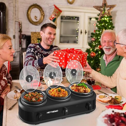 Triple Slow Cooker Buffet Server Food Warmer with 3 Adjustable Temperature Modes, Slow Cooker with 1.5 QT Ceramic Pot, Removeable Glass Lid and 3 PVC Spoons, Dishwasher Safe, Stainless Steel in Kuwait