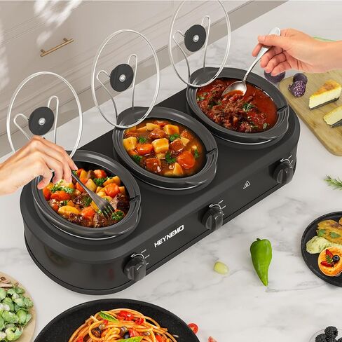 Triple Slow Cooker Buffet Server Food Warmer with 3 Adjustable Temperature Modes, Slow Cooker with 1.5 QT Ceramic Pot, Removeable Glass Lid and 3 PVC Spoons, Dishwasher Safe, Stainless Steel in Kuwait
