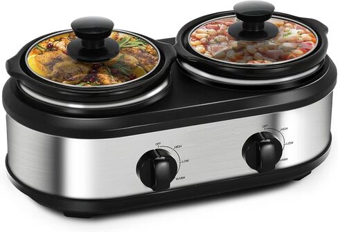 Triple Slow Cooker Buffet Server Food Warmer with 3 Adjustable Temperature Modes, Slow Cooker with 1.5 QT Ceramic Pot, Removeable Glass Lid and 3 PVC Spoons, Dishwasher Safe, Stainless Steel in Kuwait