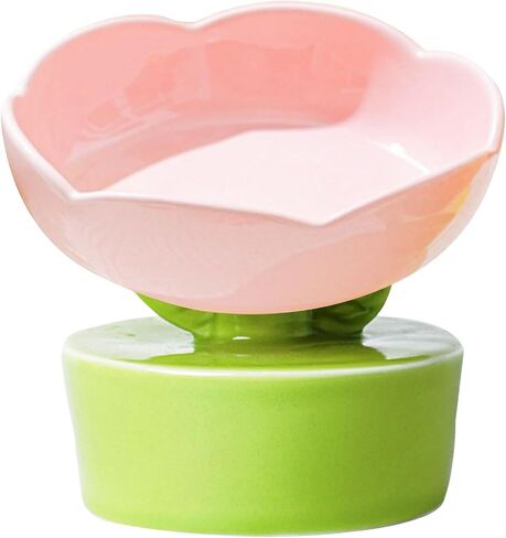 Ceramic Elevated Cat Bowl, Wide Shallow Cat Food Dish for Food and Water, Cat Whisker Friendly Anti-vomiting Protect Pet's Spine, Great Height for Cat Cute Indoor Cat Bowl (Pink) in Saudi Arabia