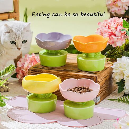 Ceramic Elevated Cat Bowl, Wide Shallow Cat Food Dish for Food and Water, Cat Whisker Friendly Anti-vomiting Protect Pet's Spine, Great Height for Cat Cute Indoor Cat Bowl (Pink) in Saudi Arabia