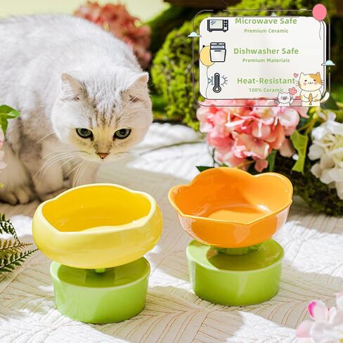 Ceramic Elevated Cat Bowl, Wide Shallow Cat Food Dish for Food and Water, Cat Whisker Friendly Anti-vomiting Protect Pet's Spine, Great Height for Cat Cute Indoor Cat Bowl (Pink) in Saudi Arabia