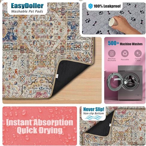 Washable Pee Pads for Dog - 2 Pcs 35"x47" Bohemian Style Superior Reusable Pet Training Pads - Waterproof Pads Protects Against Urine Leakage Non-Slip Grip Prevents Slipping & Bunching in Saudi Arabia