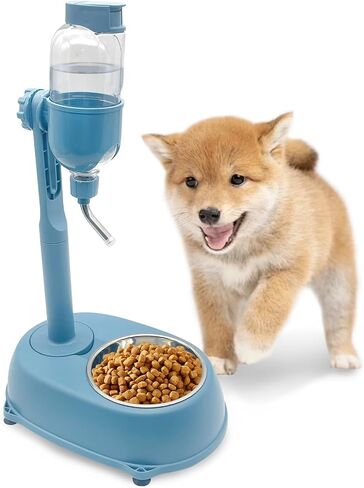 Dog Water Feeder Bottle with Stand, Dispenser Automatic Water Food Bowl for Cage Leak-Proof No-Drip Adjustable Detachable Raised Pet Slow Water Bottle Dog Kennel (Blue) in Saudi Arabia