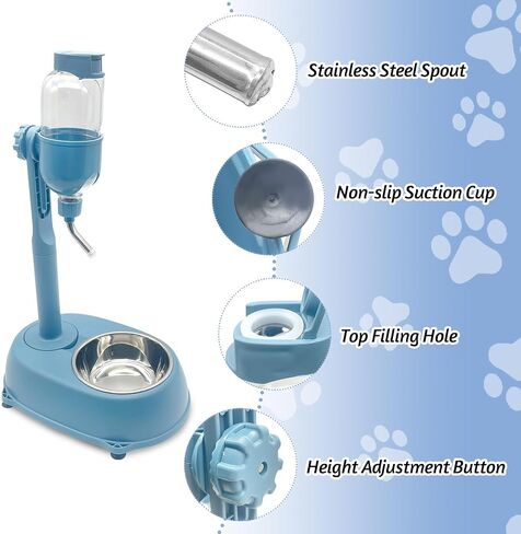 Dog Water Feeder Bottle with Stand, Dispenser Automatic Water Food Bowl for Cage Leak-Proof No-Drip Adjustable Detachable Raised Pet Slow Water Bottle Dog Kennel (Blue) in Saudi Arabia