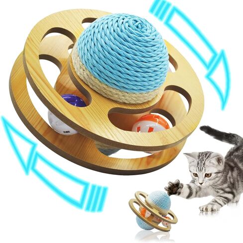 Interactive Cat Toy with Scratcher Sisal, Wooden Moving Planet Kitten Toy Ball with Bells for Indoor Cats Self Play Cat Scratch Toy (Blue 7.48x7.48x5.90 Inch) in Saudi Arabia