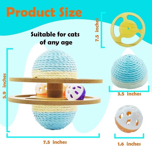 Interactive Cat Toy with Scratcher Sisal, Wooden Moving Planet Kitten Toy Ball with Bells for Indoor Cats Self Play Cat Scratch Toy (Blue 7.48x7.48x5.90 Inch) in Saudi Arabia