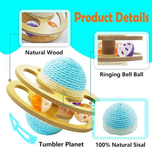 Interactive Cat Toy with Scratcher Sisal, Wooden Moving Planet Kitten Toy Ball with Bells for Indoor Cats Self Play Cat Scratch Toy (Blue 7.48x7.48x5.90 Inch) in Saudi Arabia