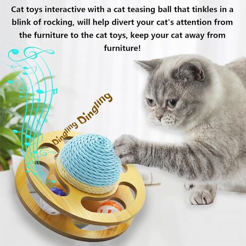 Interactive Cat Toy with Scratcher Sisal, Wooden Moving Planet Kitten Toy Ball with Bells for Indoor Cats Self Play Cat Scratch Toy (Blue 7.48x7.48x5.90 Inch) in Saudi Arabia