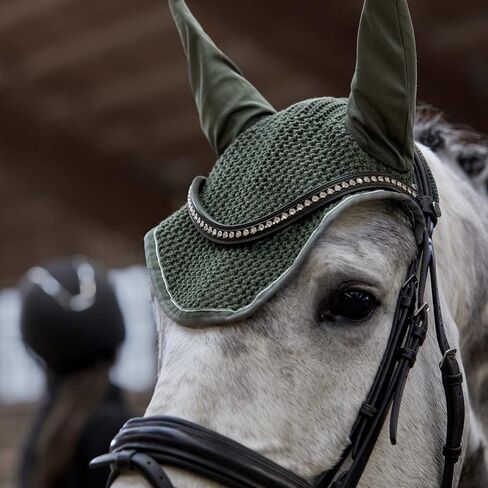 Horze Adepto Cotton Crochet Insect and Fly Protection Horse Ear Net with Cotton Ear Covers - Beetle Khaki Green - Horse in Saudi Arabia