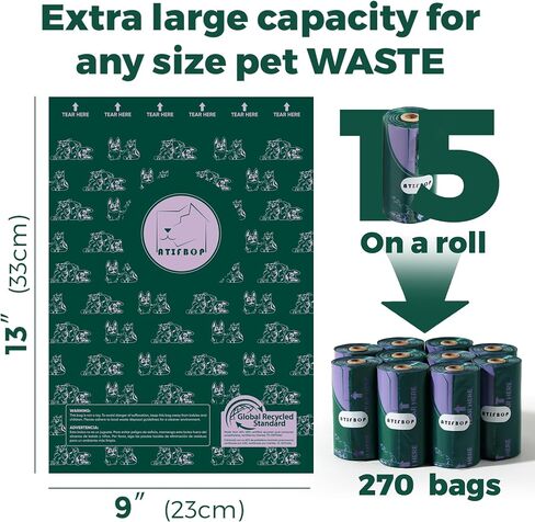 Dog Poop Bags Rolls, Extra Thick and Leak-proof Poop Bags for Dogs, 270 Bags 18 Refill Rolls, Scented Waste Bag for Dog and Cat, Made from 65% Recycled Plastics in Saudi Arabia