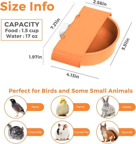 Bird Feeder Bowl Bird Crate Food and Water Dispenser Bird Bathtub for Cage Universal Plastic Hanging Cups for Small Birds, Parakeet, Parrot, Myna, Cockatiel, 17.2oz, BPA Free, Orange in Saudi Arabia