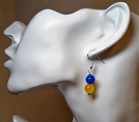 Ukrainian Blue Yellow Flag Symbol. Handmade Dangle Drop Earrings, Natural Stone Jade, Sterling Silver Hooks. Stand with Ukraine Earrings in Saudi Arabia