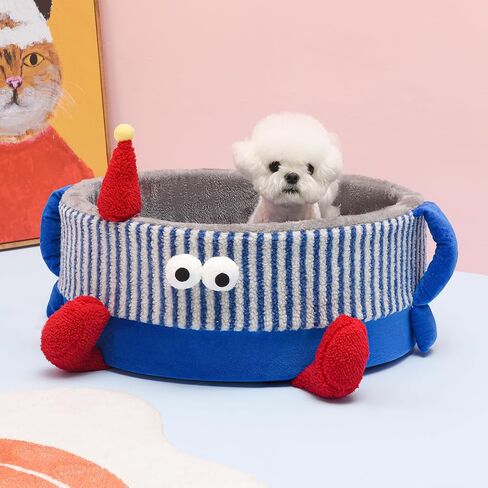 سرير قطط لطيف من Jiupety، سرير مريح للقطط الداخلية ذات العيون الكبيرة، وسادة قابلة للإزالة وغطاء قابل للغسل، سرير مستدير للحيوانات الأليفة، قاعدة مضادة للانزلاق، للقطط والجرو، خطوط زرقاء وبيضاء، 15 رطل، مقاس M in Kuwait