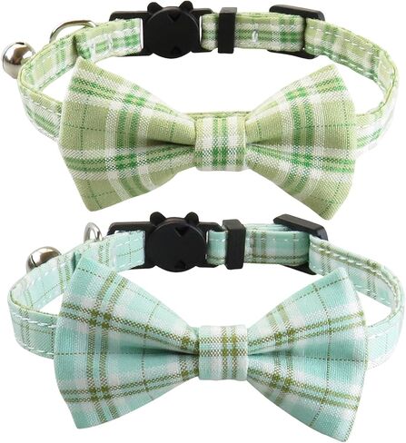 Love Dream Cat Collar with Bow Tie and Bell, 2 Pack Breakaway Plaid Bowtie Cat Collar for Kitty, Cats, Puppy and Kittens, Blue&Khaki in Kuwait
