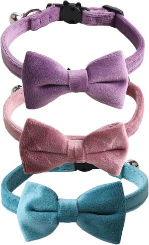 Love Dream Cat Collar Breakaway with Bow Tie and Bells - 3 Pack Velvet Girl Boy Kitty Safety Kitten Collars with Removable Bowtie for Cats Kittens, Blue & Pink & Purple in Saudi Arabia