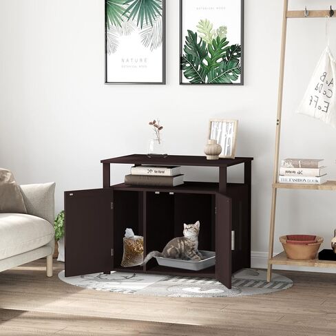PawHut Wooden Cat Litter Box Enclosure Furniture with Adjustable Partition, Cat Washroom End Table with Open Shelf, Brown in Saudi Arabia