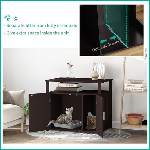 PawHut Wooden Cat Litter Box Enclosure Furniture with Adjustable Partition, Cat Washroom End Table with Open Shelf, Brown in Saudi Arabia