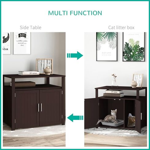 PawHut Wooden Cat Litter Box Enclosure Furniture with Adjustable Partition, Cat Washroom End Table with Open Shelf, Brown in Saudi Arabia