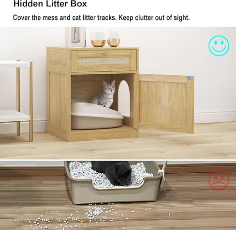 Cat Litter Box Enclosure, Hidden Cat Litter Box Furniture Indoor Wood Cat House Rattan End Table with Drawer, Oak in Saudi Arabia