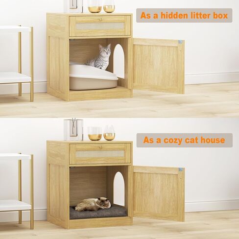 Cat Litter Box Enclosure, Hidden Cat Litter Box Furniture Indoor Wood Cat House Rattan End Table with Drawer, Oak in Saudi Arabia