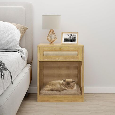 Cat Litter Box Enclosure, Hidden Cat Litter Box Furniture Indoor Wood Cat House Rattan End Table with Drawer, Oak in Saudi Arabia