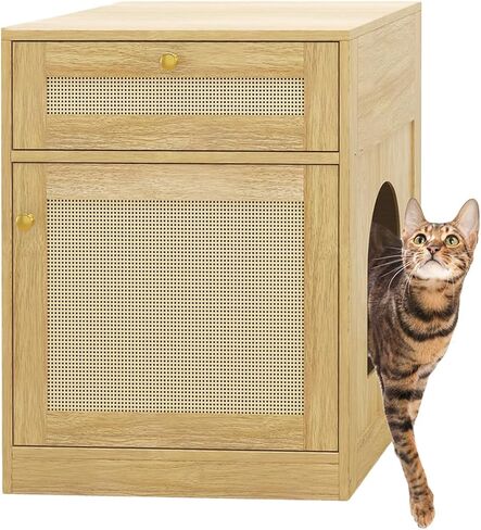 Cat Litter Box Enclosure, Hidden Cat Litter Box Furniture Indoor Wood Cat House Rattan End Table with Drawer, Oak in Saudi Arabia