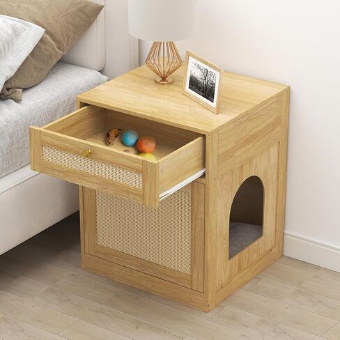 Cat Litter Box Enclosure, Hidden Cat Litter Box Furniture Indoor Wood Cat House Rattan End Table with Drawer, Oak in Saudi Arabia