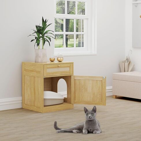 Cat Litter Box Enclosure, Hidden Cat Litter Box Furniture Indoor Wood Cat House Rattan End Table with Drawer, Oak in Saudi Arabia