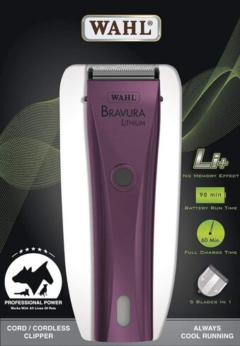 سلك محرك قوي من Wahl Professional Animal Bravura Lithium / طقم ماكينة قص الحيوانات الأليفة اللاسلكي (أرجواني) مع فرشاة شفرة in Kuwait